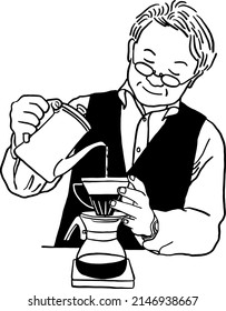 Old man Barista making Hand drip coffee Hand drawn line art Illustration