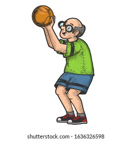 Old man basketball player sketch engraving vector illustration. T-shirt apparel print design. Scratch board imitation. Black and white hand drawn image.