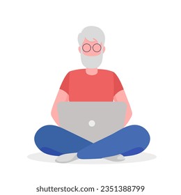 An old man with a bear sitting and working on the computer. Vector illustration in flat style. Isolated on white background.