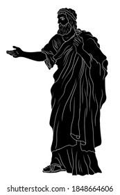 An old man with a beard in ancient Greek clothes stands and gestures. Black silhouette isolated on a white background.