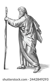 An old man with a beard in a cloak holds a staff in his hands and walks. Ancient engraving.