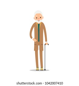 Old man with beard. Elderly man is leaning on stick. Cartoon illustration isolated on white background in flat style.
