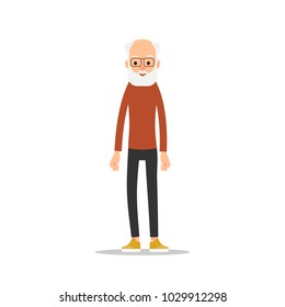 Old man with beard. Elderly man with a neatly disgraceed beard stands with his hands drooping. Illustration in flat style. Isolated.