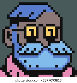 Old man with beard head scientist writer character avatar profile portrait picture, user pic pixel art icon, vector illustration background. 8-bit sprite. Design stickers, logo, mobile app.