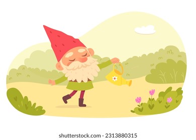 Old man with beard holding watering can to water plant vector illustration. Cartoon small dwarf with red hat and gumboots gardening, happy male magic character working with farm tools