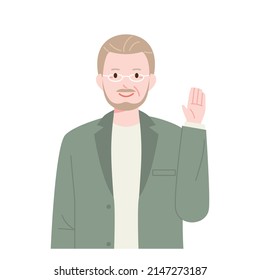 An old man with a beard in a jacket is raising his hand and saying hello. flat design style vector illustration.