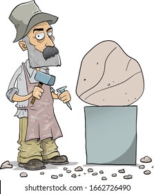 Old man with beard sculpting in stone