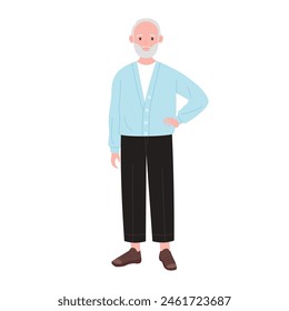 Old man with beard standing, portrait of grandfather in casual clothes vector illustration
