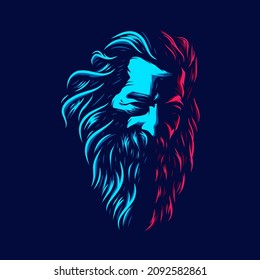 Old man bearded line art logo. Colorful design with dark background. Abstract vector illustration. Isolated with navy background for t-shirt, poster, clothing, merch, apparel. 