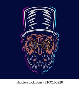 Old man bearded line art logo. Colorful design with dark background. Abstract vector illustration. Isolated with navy background for t-shirt, poster, clothing, merch, apparel. 