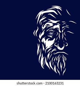 Old man bearded line art logo. Colorful design with dark background. Abstract vector illustration. Isolated with navy background for t-shirt, poster, clothing, merch, apparel. 