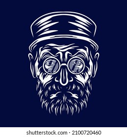 Old man bearded line art logo. Colorful design with dark background. Abstract vector illustration. Isolated with navy background for t-shirt, poster, clothing, merch, apparel. 