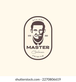 old man bearded mustache cool hairstyle badge vintage logo design vector icon illustration