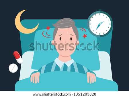 old man in bed can not sleep flat cartoon character design