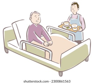 Old man in bed, person carrying food, vector illustration