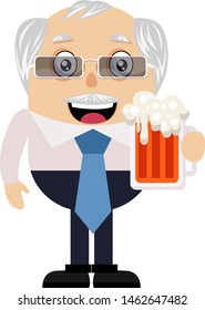 Old man with beer, illustration, vector on white background.