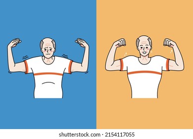 Old man before and after sport and physical activity. Weak and strong senior grandfather life change. Male pensioners show good results of exercise and workouts. Vector illustration. 