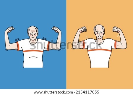 Old man before and after sport and physical activity. Weak and strong senior grandfather life change. Male pensioners show good results of exercise and workouts. Vector illustration. 