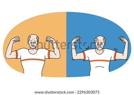 Old man before and after sport and physical activity. Weak and strong senior grandfather life change. Male pensioners show good results of exercise and workouts. Vector illustration.