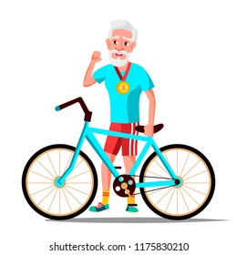 Old Man With Bicycle Vector. City Bike. Outdoor Sport Activity. Eco Friendly. Isolated Illustration
