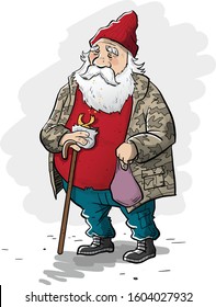 Old man with big white beard holding a cain and a bag and eating a snack