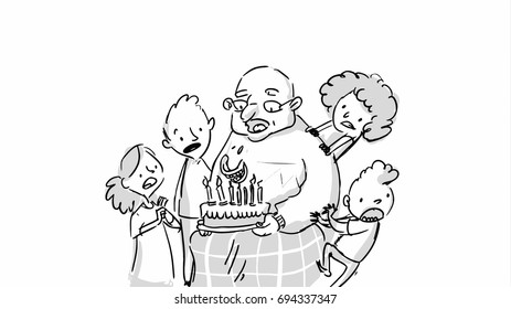 Old man with a birthday cake Vector sketch for cartoon, storyboard, project