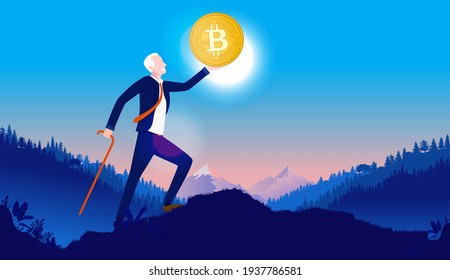 Old man with bitcoin - Senior lifting up coin outdoors in landscape with sun. Bitcoin future concept. Vector illustration.