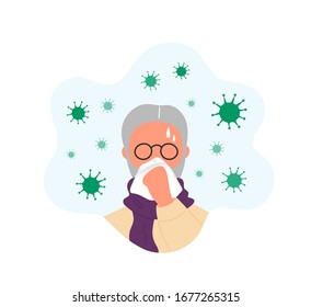 Old man blowing nose into tissue surrounded by coronaviruses. Vector hand drawn character illustration. Isolated on white background.  Coronavirus, rhinitis, flu, cough concept.