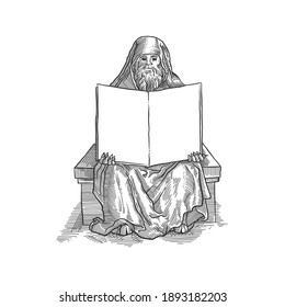 Un anciano con un libro. Se puede usar como dibujo de un tatuaje.