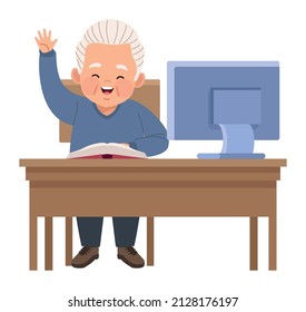 old man with book and desktop