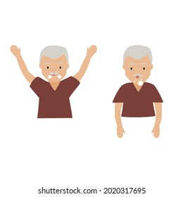 Old Man Is Breathing Exercise.Inhale And Exhale. Raise Arm Up To Expand Chest. Pulmonary Exercise Concept. Vector Illustration