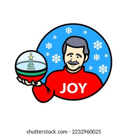 Old Man bring christmas tree inside vending machine capsule wearing joy sweater. Mascot for Christmas for card, sticker, banner t-shirt or all merchandise.