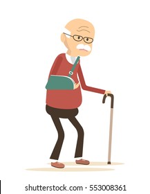 Old Man With Broken Arm. Elderly Man Disease Icon. Vector Illustration Flat Design.