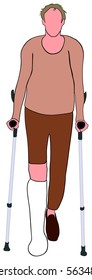 An Old man with broken leg using mobility aid standing walking basing on forearm crutches conceptual togetherness healthcare image support elderly people concept vector