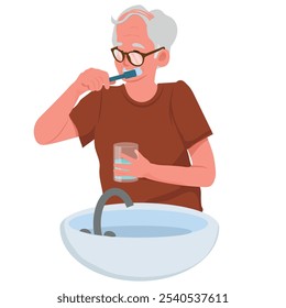 Viejo cepillándose los dientes. El personaje masculino usa un cepillo de dientes. El abuelo monitorea la higiene oral. Ilustración vectorial.