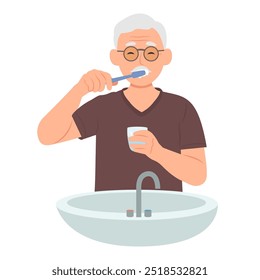 Homem velho escovando os dentes. O personagem masculino usa escova de dentes. Avô monitora higiene oral.Ilustração vetorial