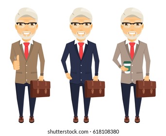 An old man in a business suit. Experienced businessman. Set. On white background in flat style.