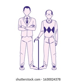 old man and businessman standing over white background, flat design, vector illustration