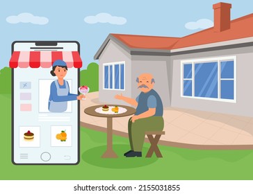 An old man buys food in an online store, shopping online and the elderly.