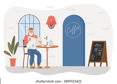 Old man in cafe vector illustration. Cartoon elderly senior male character sitting at outdoor street cafeteria or coffeehouse table, reading newspaper and drinking hot coffee isolated on white