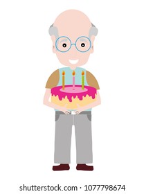 old man with cake and candles to party