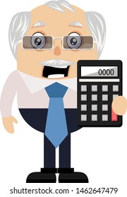 Viejo con calculadora, ilustración, vector sobre fondo blanco.