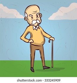 An old man with a cane and a big mustache. Hand drawn cartoon vector illustration.