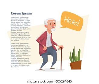 Old man with a cane and a bubble for text. Vector illustration.