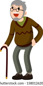 Old man with cane. Cartoon flat illustration. Bad back. Senior in standing position. Happy grandfather