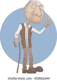 Old man with cane. Cool grandpa. Vector illustration. Brown and blue colors.