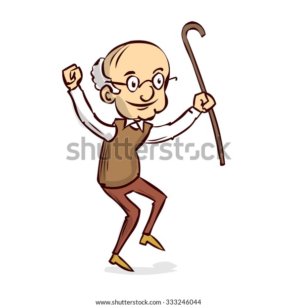 An old man with a cane dancing. Hand drawn\
cartoon vector\
illustration.
