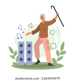 Old man with cane dancing, spending time outside. Modern senior people spending time and resting. Recreation concept. Flat vector illustration in green colors in cartoon style