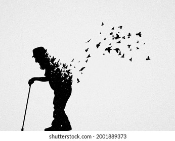 Old man with cane. Death and afterlife. Birds fly. Abstract silhouette