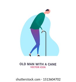 The old man with a cane. Elderly people problem. Medicine, healthy lifestyle concept. Editable vector illustration in violet, green colors isolated on white background. Flat icon 
